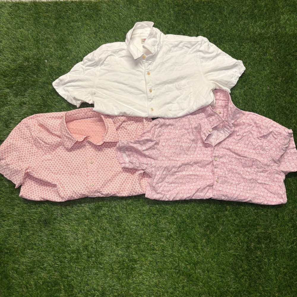 Lot of 3 Faherty Mens Short Sleeve Button Down Shirts Pink White Size Medium